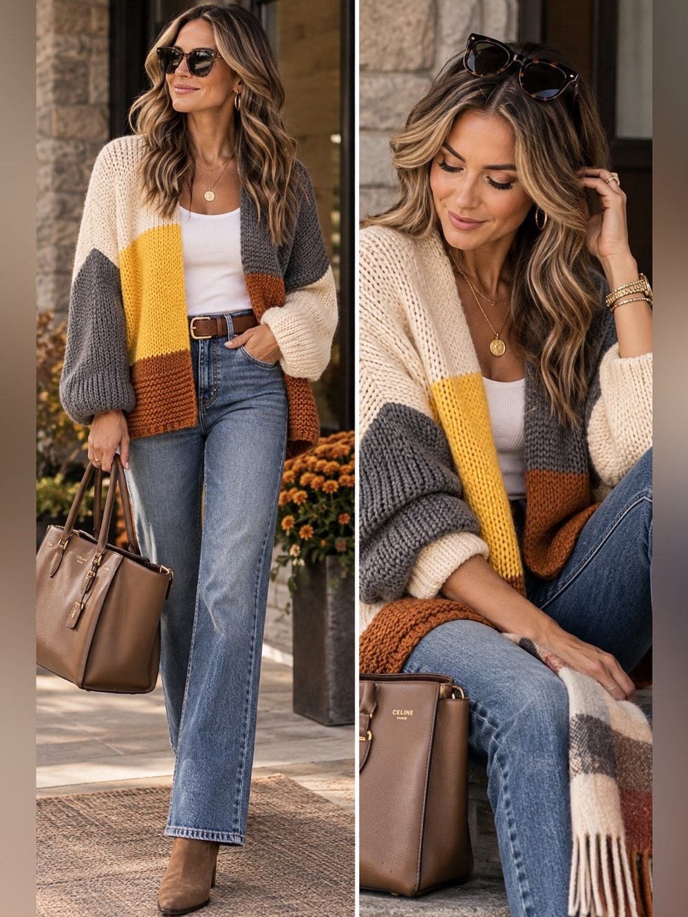 Colorblock Open-Front Knit Cardigan - Cream, Gray, Yellow, Brown NWT